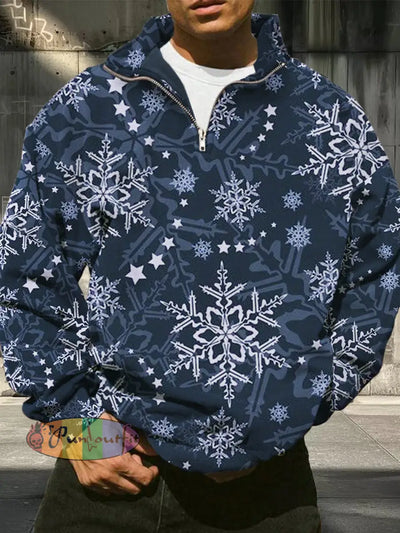 Men’s Christmas Snowflake Printed Casual Fashion Long Sleeved Half Zip Pullover Sweatshirt Navy