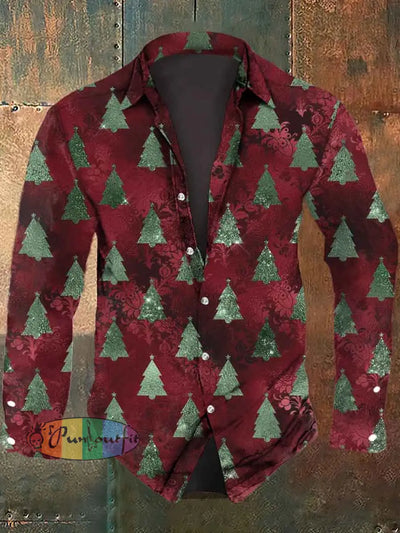 Men’s Christmas Tree Printed Casual Long Sleeve Shirt As Picture / S