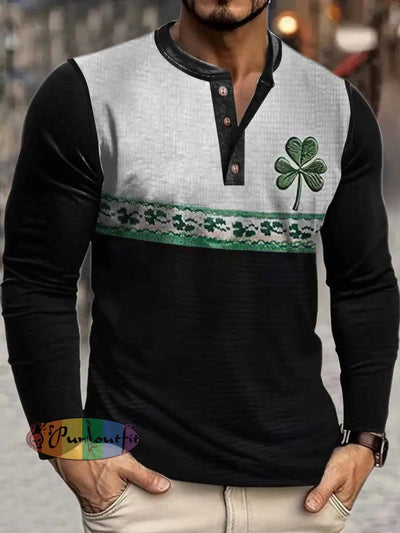 Men’s Classical Three-leaf Clover Print Henley Neck Long Sleeve T-Shirt Colorful / S