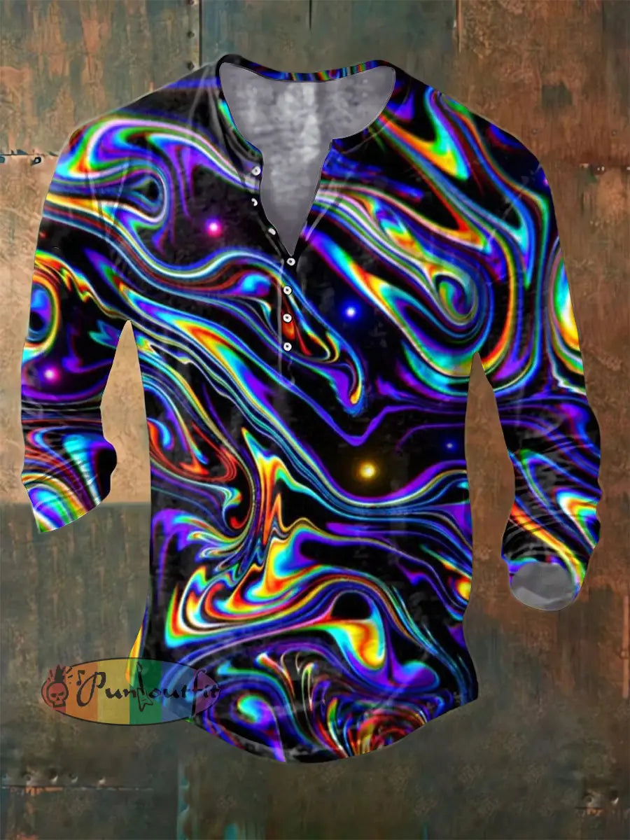 Men’s Color Abstract Print Long Sleeve Button Henley Shirt Colorful / S