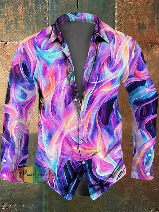 Men’s Color Abstract Print Polo Collar Casual Long Sleeved Shirt Colorful / S