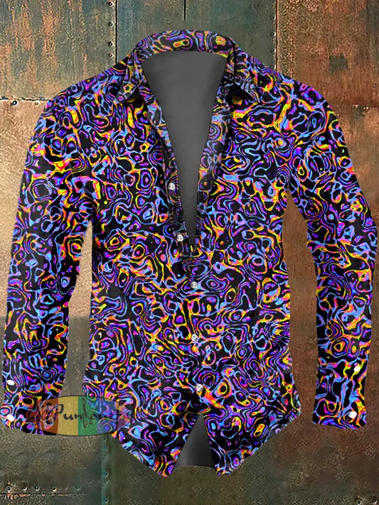 Men’s Color Abstract Print Polo Collar Casual Long Sleeved Shirt Purple / S