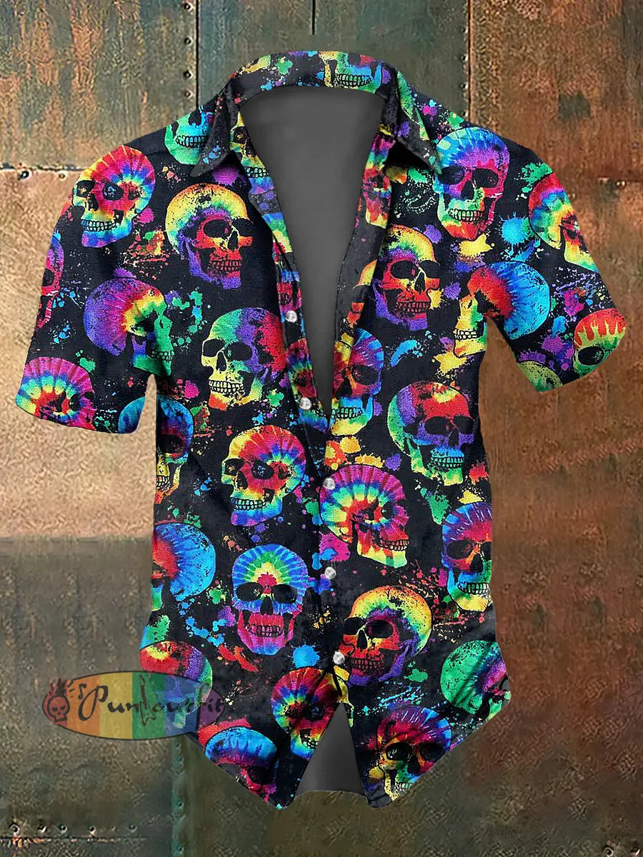 Men’s Color Skull Print Casual Short Sleeved Shirt Colorful / S