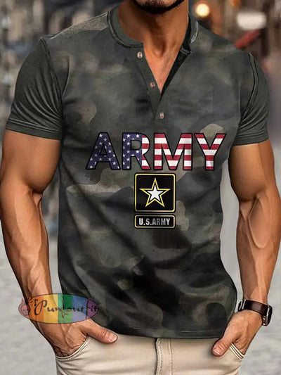 Men’s Colorful Army Print Henley Neck Short Sleeve T-Shirt Colorful / S