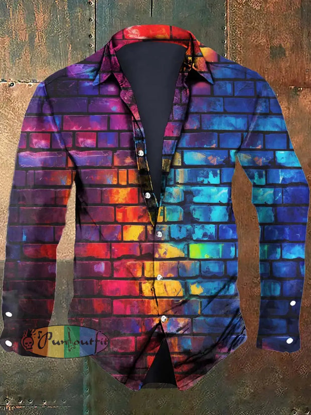 Men’s Colorful Brick Abstract Print Casual Long Sleeve Shirt As Picture / S