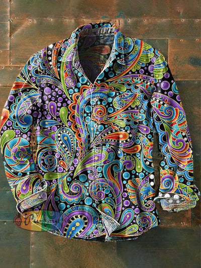 Men’s Colorful Cashew Flower Print Casual Lapel Long Sleeve Shirt As Picture / S