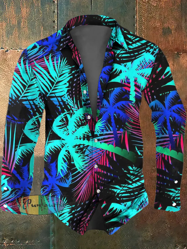 Men’s Colorful Coconut Tree Printed Casual Long Sleeve Shirt As Picture / S