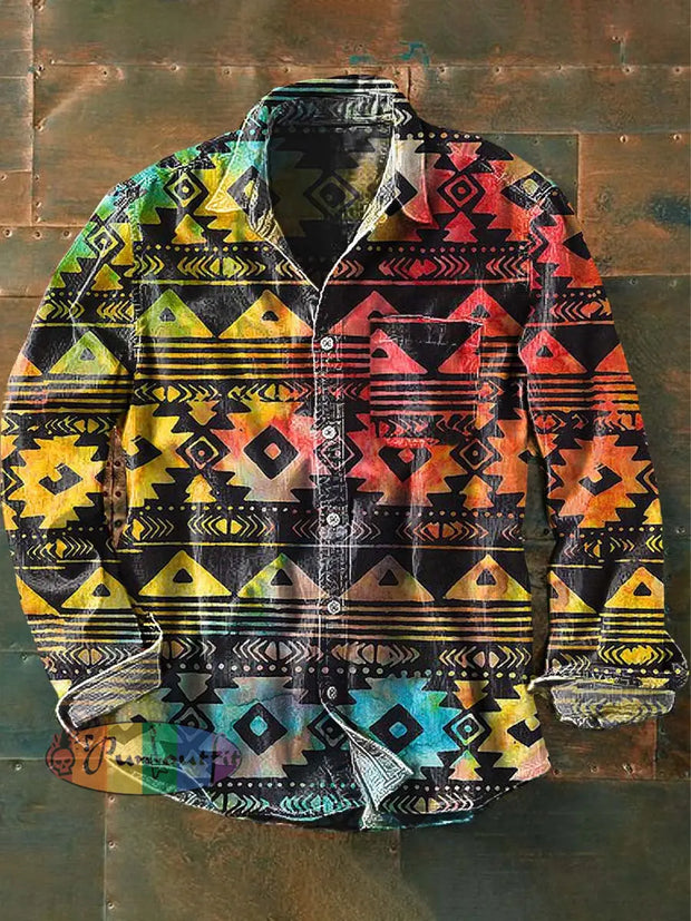 Men’s Colorful Western Print Casual Lapel Long Sleeve Shirt As Picture / S