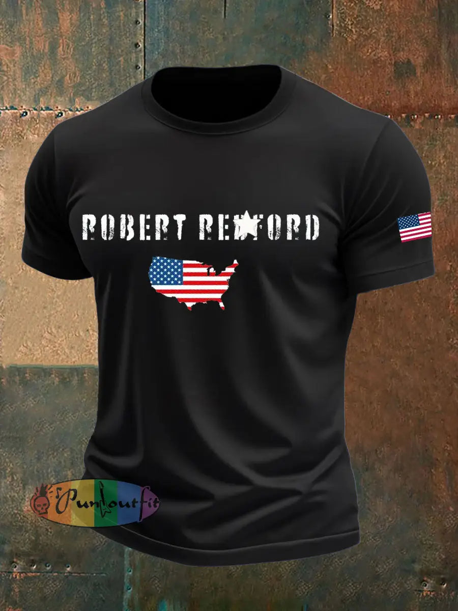 Men’s commemorate Robert Redford imitation cotton short-sleeved T-shirt Black / S