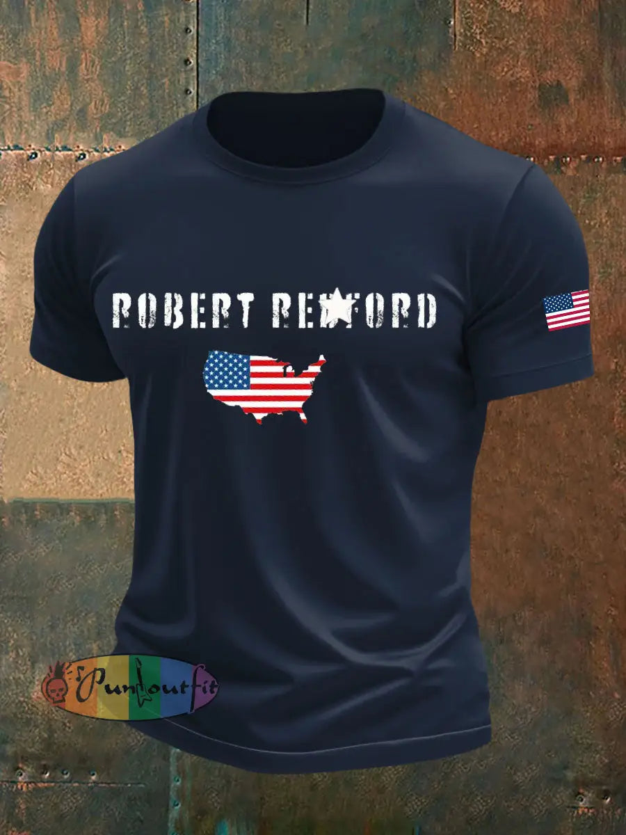 Men’s commemorate Robert Redford imitation cotton short-sleeved T-shirt Navy Blue / S