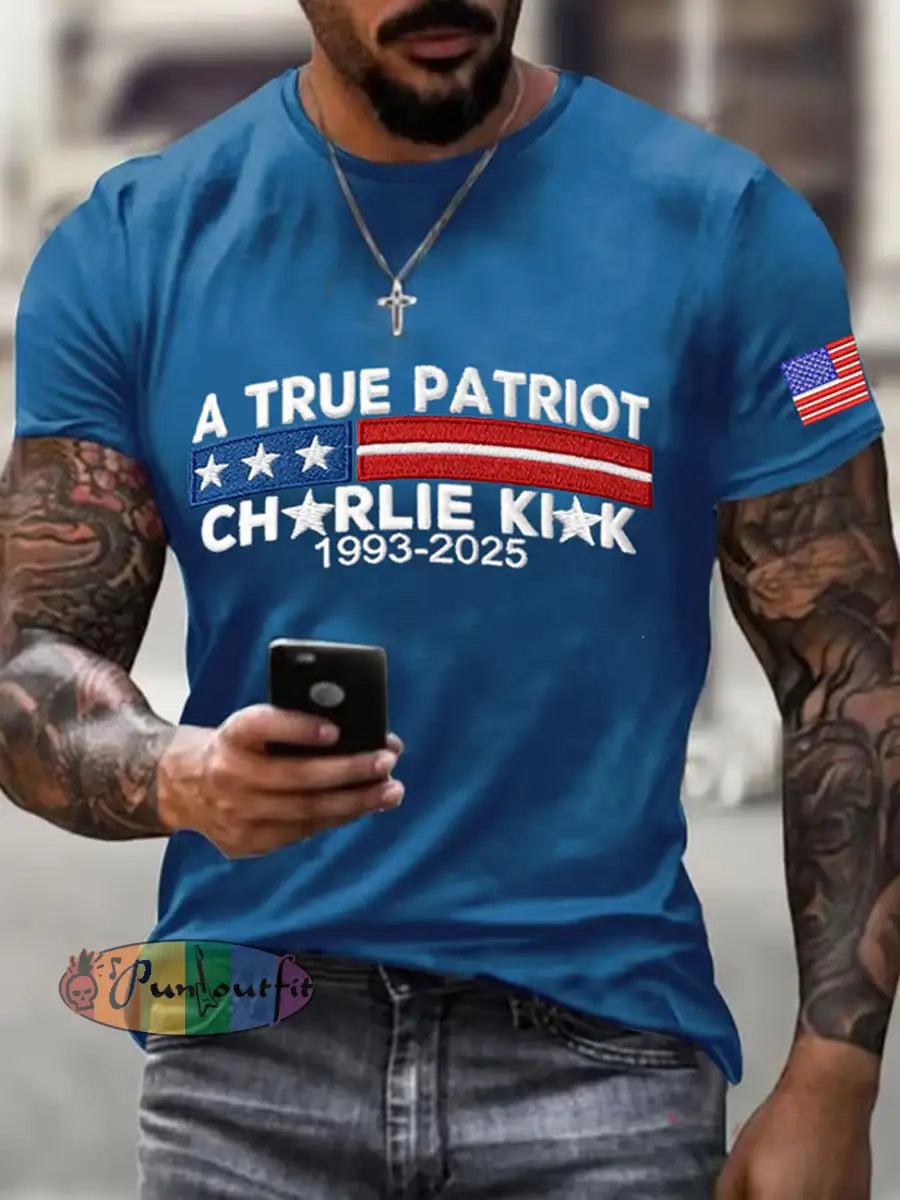 Men’s Commemorative Leader A true Patriot Print T-Shirt Blue / S