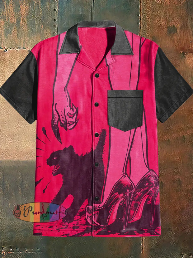 Men’s Crazy Cat Print Cuban Collar Shirt With Short Sleeves Colorful / S