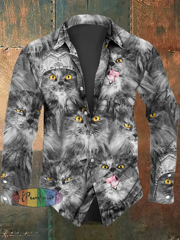 Men’s Cute Abstract Cat Print Casual Long Sleeve Shirt As Picture / S