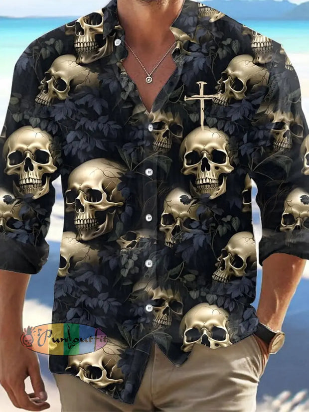 Men’s Dark Skull Print Long Sleeve Shirt Hot