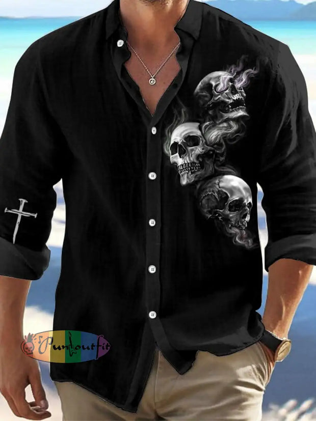 Men’s Dark Skull Print Long Sleeve Shirt Hot