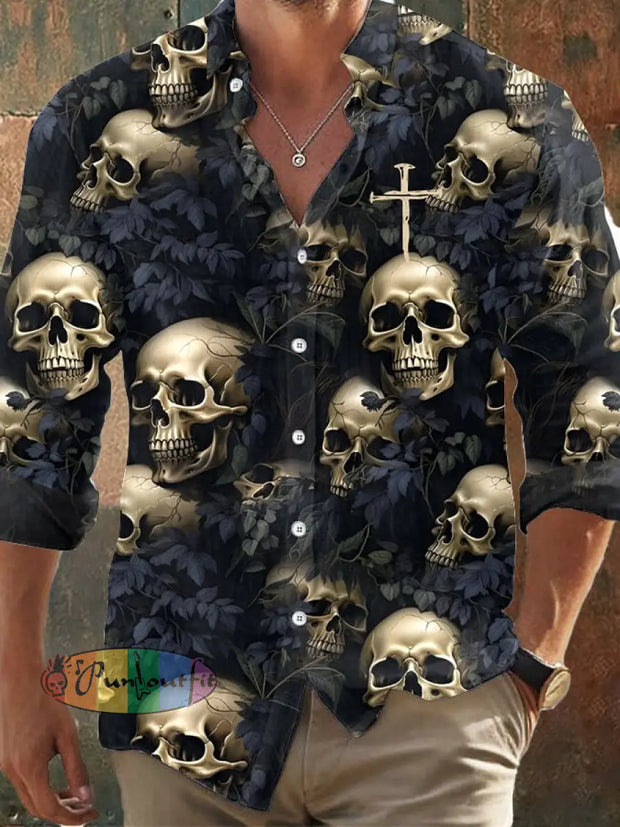 Men’s Dark Skull Print Long Sleeve Shirt Hot