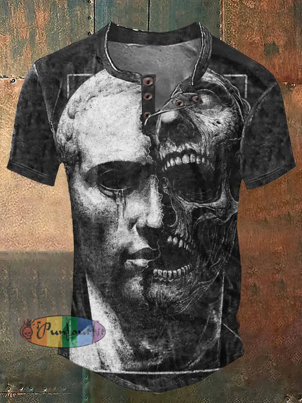 Men’s David Skull Print Henley Neck Short Sleeve T-Shirt Black / S