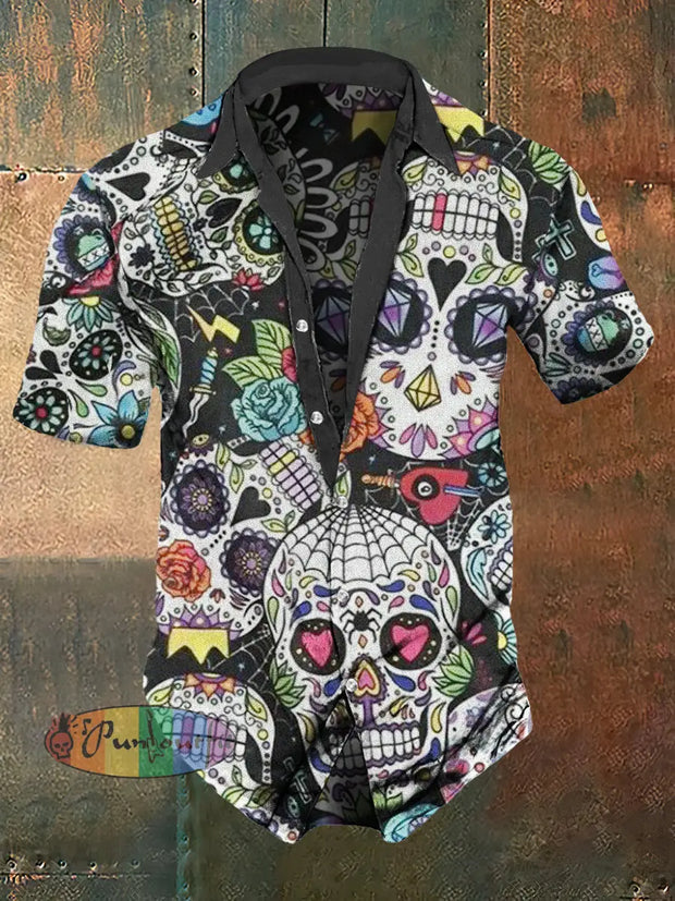 Men’s Day Of The Dead Abstract Print Casual Shirt Colorful / S