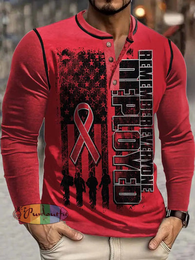 Men’s Deployed Print Henley Neck Long Sleeve T-Shirt Red / S