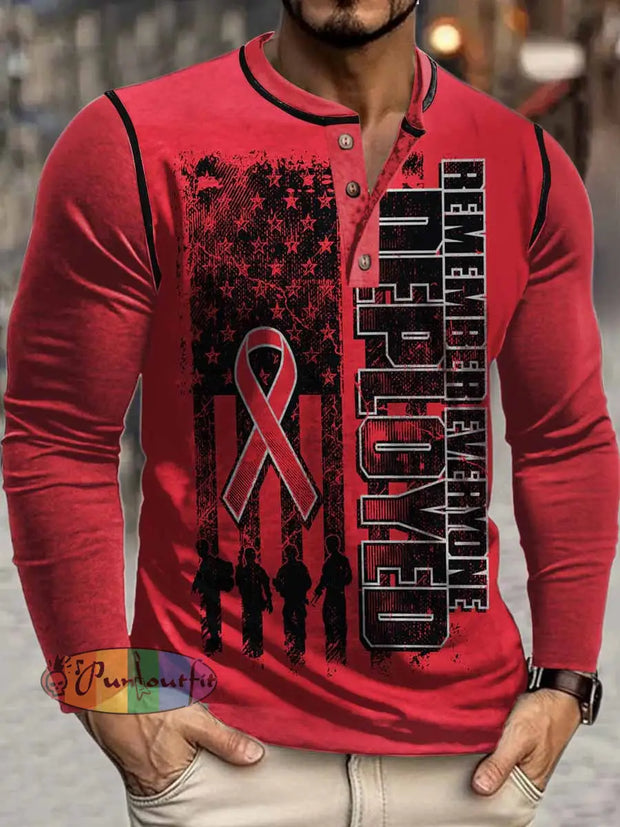 Men’s Deployed Print Henley Neck Long Sleeve T-Shirt Red / S