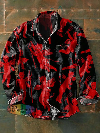 Men’s Devil Print Abstract Casual Long Sleeve Shirt As Picture / S