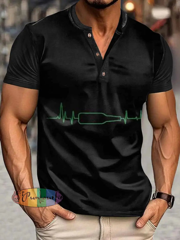 Men’s Electrocardiogram Print Henley Neck Short Sleeve T-Shirt Black / S