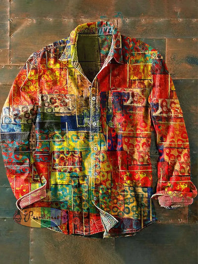 Men’s Ethnic Abstract Printed Casual Long Sleeve Lapel Shirt As Picture / S