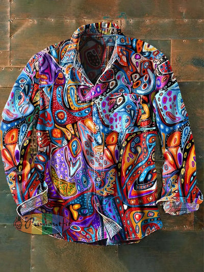 Men’s Ethnic Abstract Printed Casual Long Sleeve Lapel Shirt As Picture / S