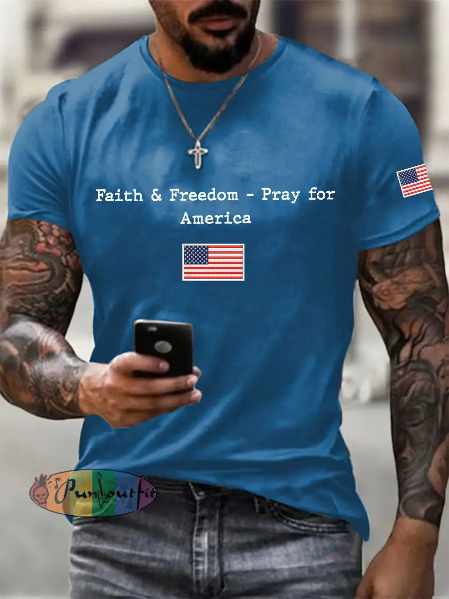 Men’s Faith & Freedom Pray For America Printed Casual T-shirt Blue / S