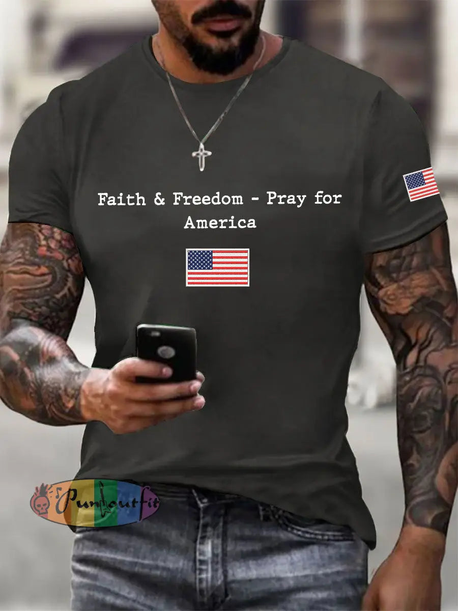 Men’s Faith & Freedom Pray For America Printed Casual T-shirt Dark Gray / S