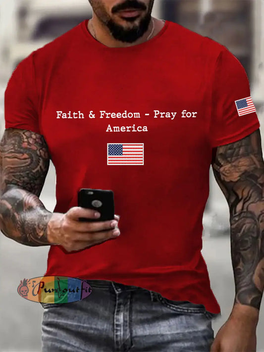 Men’s Faith & Freedom Pray For America Printed Casual T-shirt Pure Red / S