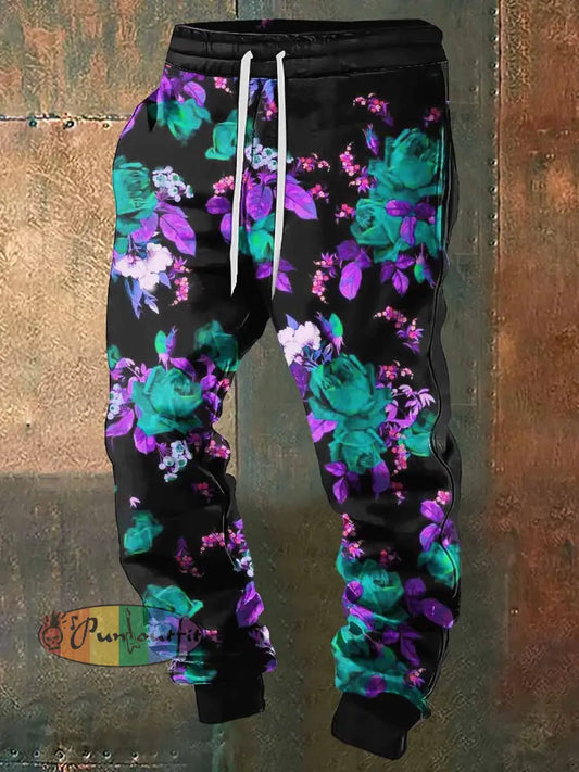 Men’s Fantasy Flowers Halloween Print Sweatpants Black / S