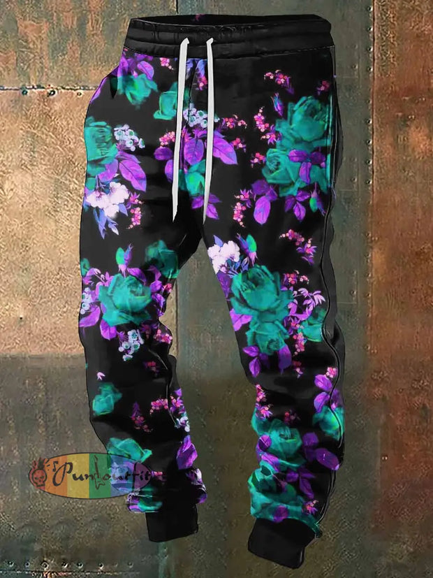 Men’s Fantasy Flowers Halloween Print Sweatpants Black / S