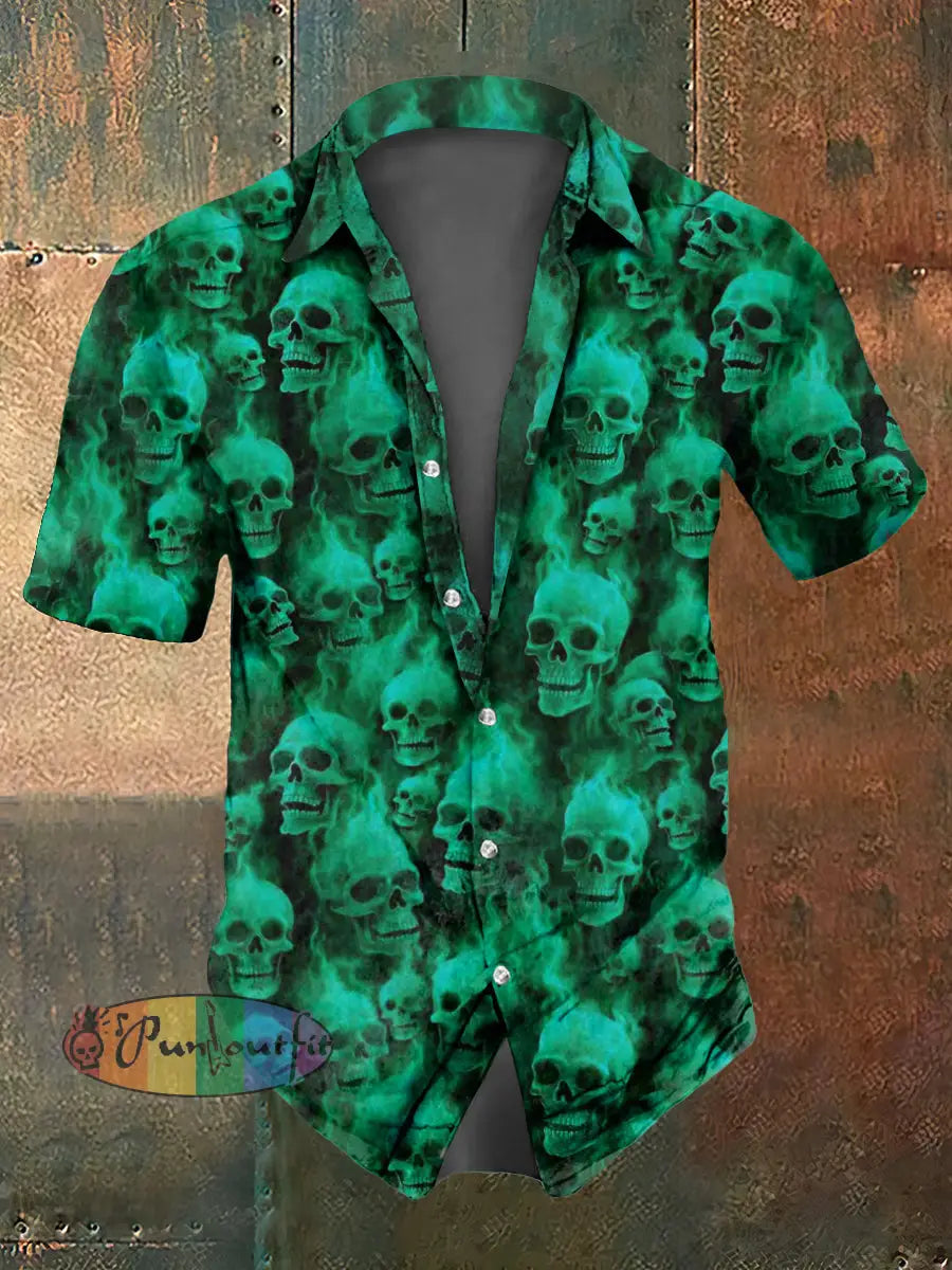 Men’s Flame Skull Print Casual Short Sleeved Shirt Green / S