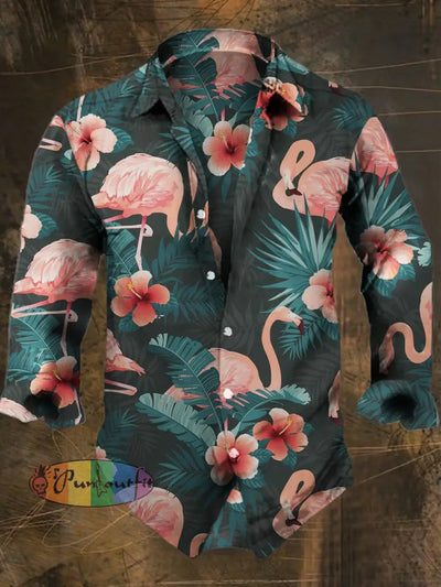 Men’s Flamingo Street Style Print Casual Shirt Long Sleeve Colorful / S