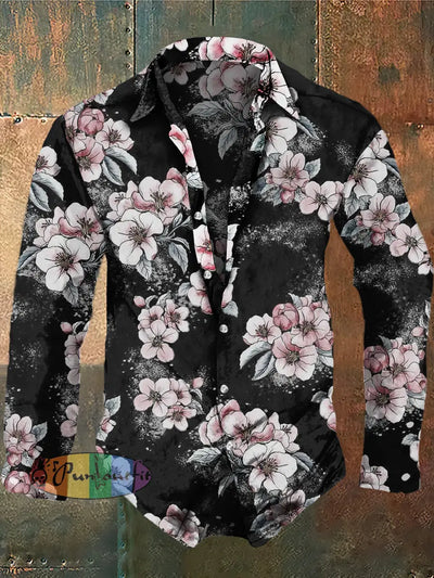 Men’s Floral Print Punk Daily Casual Long Sleeve Shirt Black / S