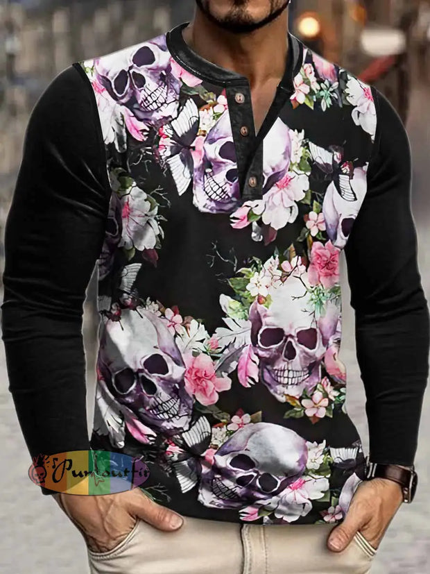 Men’s Floral Skull Print Henley Neck Long Sleeve T-Shirt Colorful / S