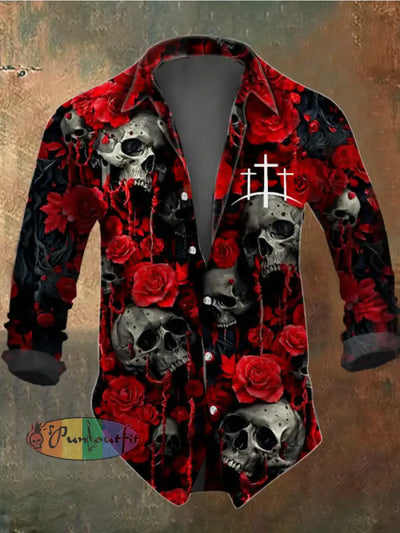 Men’s Floral Skull Print Long Sleeve Shirt Multicolor / S