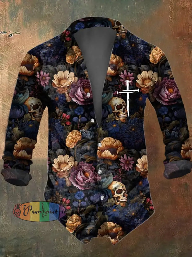 Men’s Floral Skull Print Long Sleeve Shirt Multicolor / S