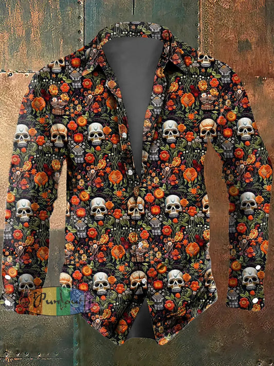Men’s Flower Skull Print Casual Long Sleeved Shirt Black / S