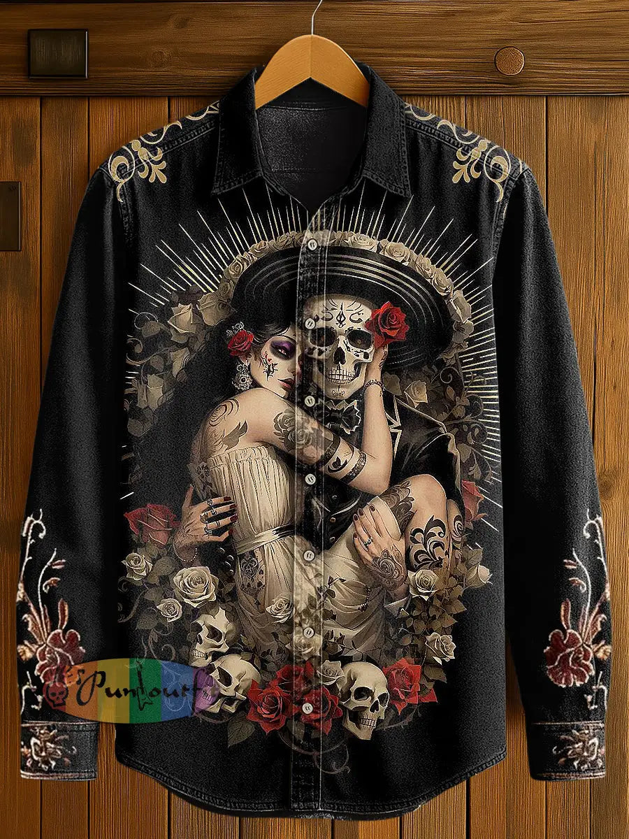 Men’s Flower Skull Print Casual Long Sleeved Shirt Black / S