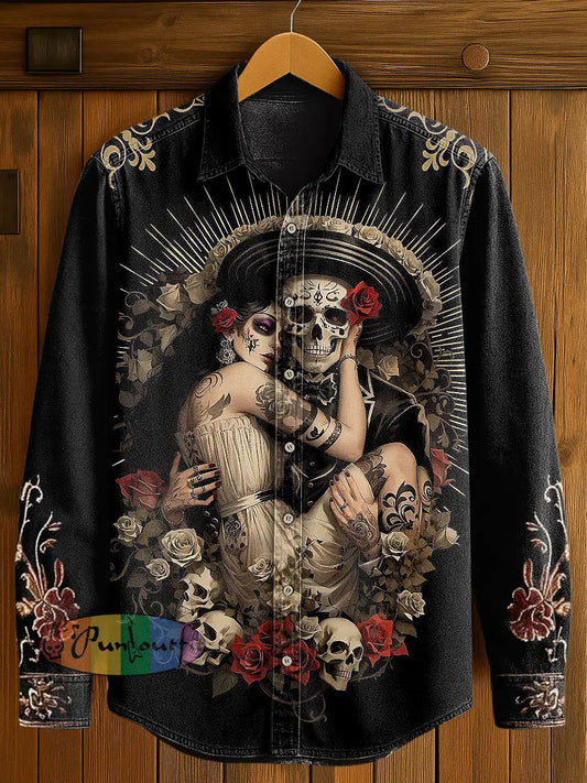 Men’s Flower Skull Print Casual Long Sleeved Shirt Black / S