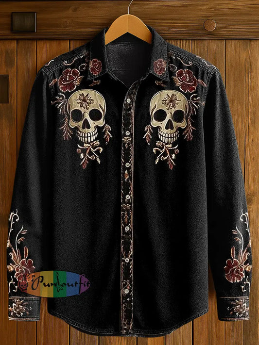 Men’s Flower Skull Print Casual Long Sleeved Shirt Black / S