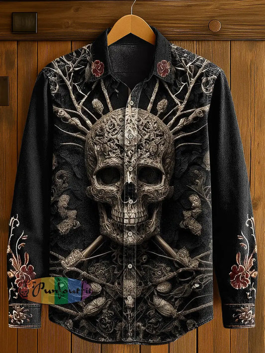 Men’s Flower Skull Print Casual Long Sleeved Shirt Black / S