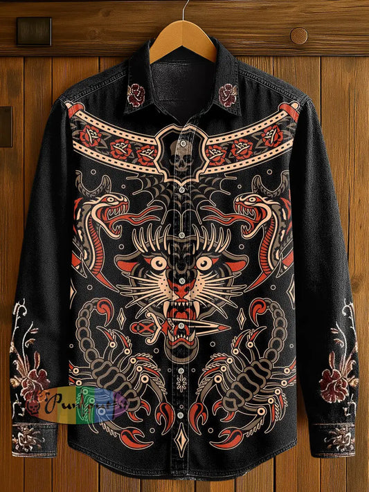 Men’s Flower Skull Print Casual Long Sleeved Shirt Black / S