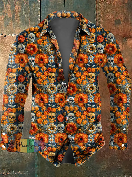 Men’s Flower Skull Print Casual Long Sleeved Shirt Orange / S