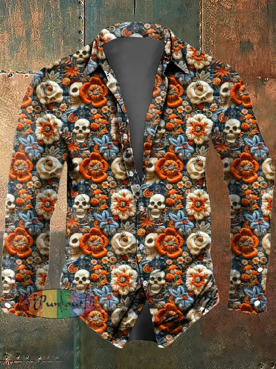 Men’s Flower Skull Print Casual Long Sleeved Shirt Orange / S