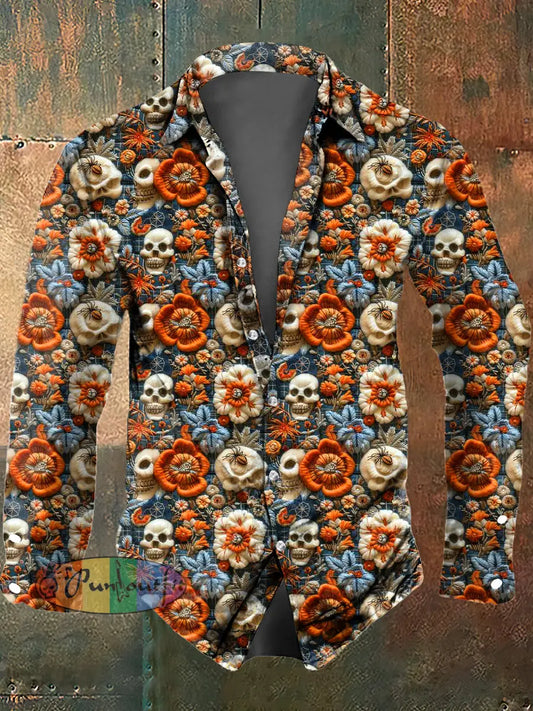 Men’s Flower Skull Print Casual Long Sleeved Shirt Orange / S