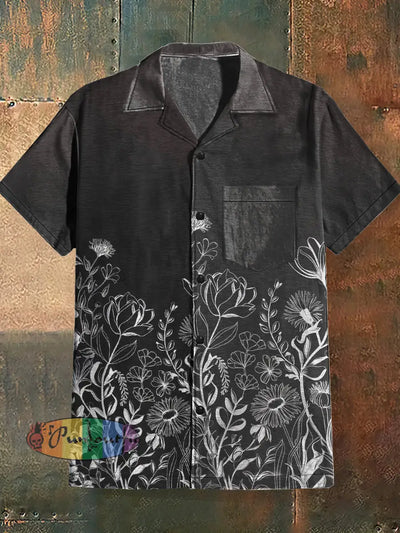 Men’s Flowers And Print Cuban Collar Shirt With Short Sleeves Black / S