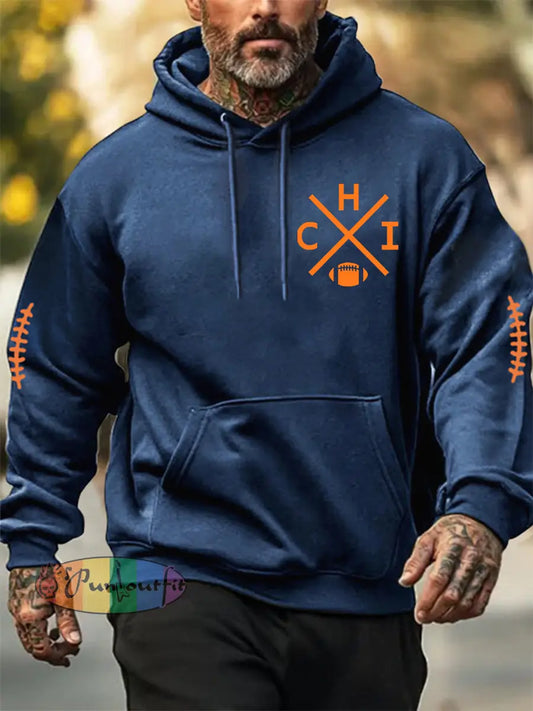 Men’s Football Fans Lovers Gameday Casual Hooded Sweatshirt Dark Blue / S